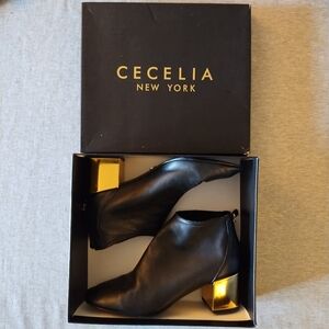 Cecelia New York Nolton Ankle Bootie Black Leather Boots with Gold-Colored Heels